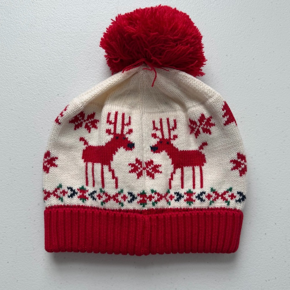 Hanna Andersson | Cream/Red Dear Deer Print Beanie Winter Hat Youth Small New - Picture 2 of 5